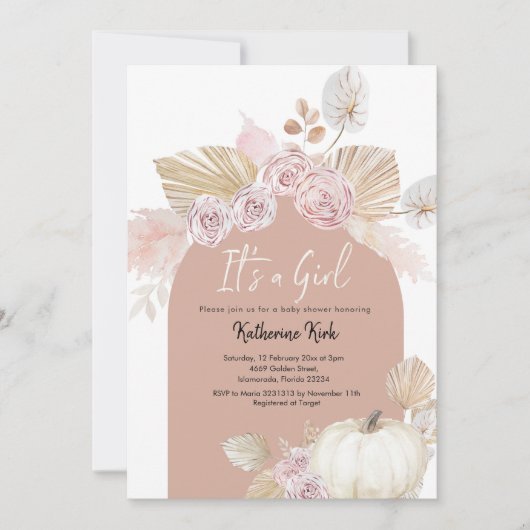 Modern Boho Arch Pumpkin Het is een meisje Baby sh Kaart (Voorkant)