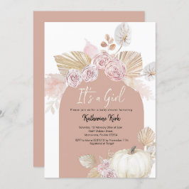 Modern Boho Arch Pumpkin Het is een meisje Baby sh Kaart