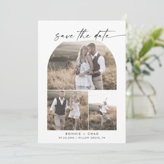Modern Boho Arch QR Code Photo Collage Save The Date (Staand voorkant)