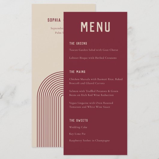 Modern Boho Arch Red Beige Typography Wedding Menu (Voorkant / Achterkant)