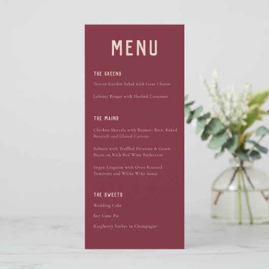 Modern Boho Arch Red Beige Typography Wedding Menu (Staand voorkant)