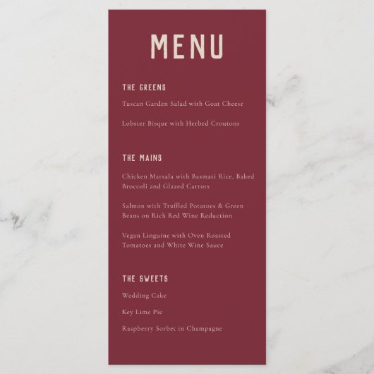 Modern Boho Arch Red Beige Typography Wedding Menu (Voorkant)