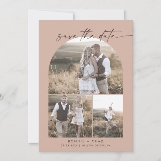 Modern Boho Arch | Salmon QR Code Foto Collage Save The Date (Voorkant)