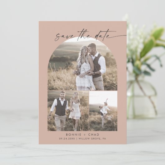 Modern Boho Arch | Salmon QR Code Foto Collage Save The Date (Staand voorkant)