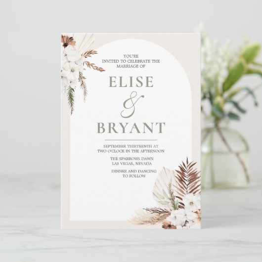 Modern Boho Arch White Floral Wedding Invitation Kaart (Staand voorkant)