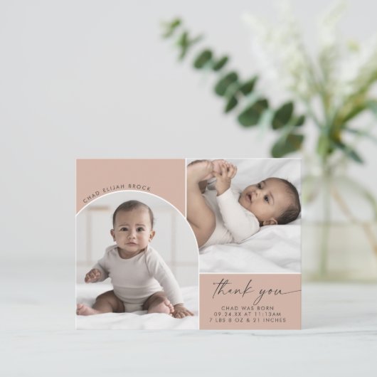 Modern Boho Arch | Zalm 2 Foto Dank u geboorte Aankondigingskaart (Staand voorkant)