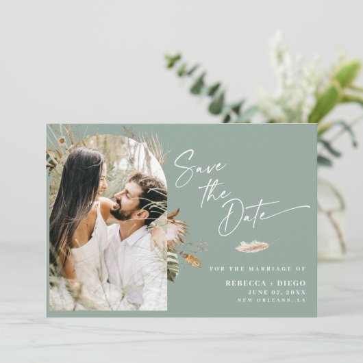 Modern Boho Arched Photo Wedding Save the Date Aankondiging (Staand voorkant)