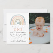 Modern Boho Baby Birthday Fotouitnodiging Kaart (Voorkant)