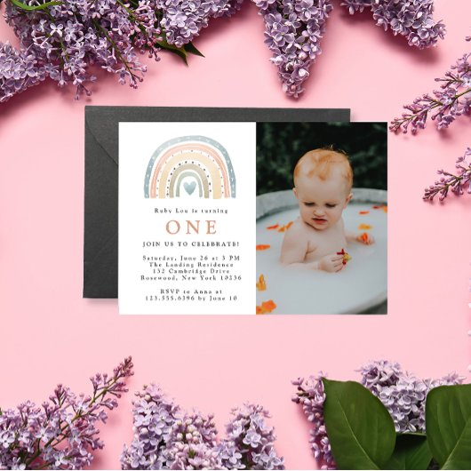 Modern Boho Baby Birthday Fotouitnodiging Kaart