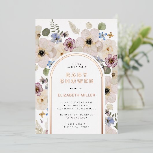 Modern Boho Baby shower Folie Uitnodiging (Staand Voorkant)