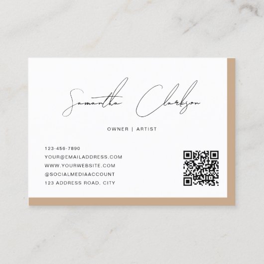 Modern Boho Beige Handgeschreven Script QR code Visitekaartje (Achterkant)