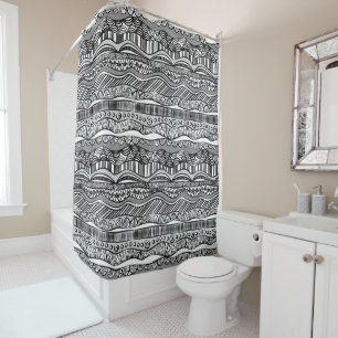 Modern Boho Black en White Pattern Strips Doodles Douchegordijn