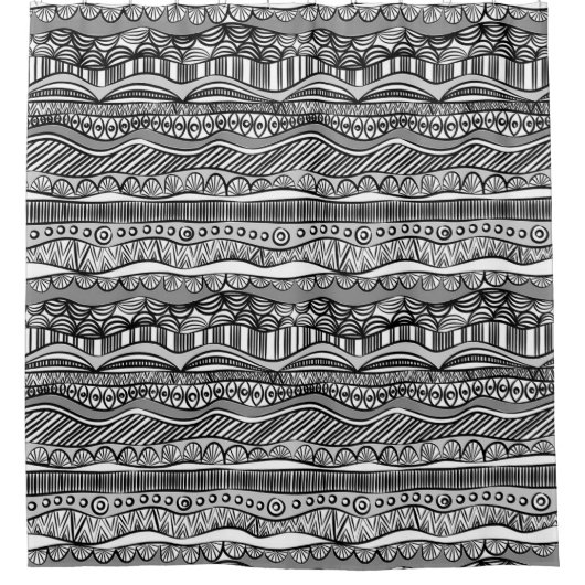 Modern Boho Black en White Pattern Strips Doodles Douchegordijn (Voorkant)