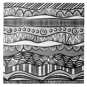 Modern Boho Black en White Pattern Strips Doodles Tegeltje