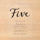 Modern Boho Black Script Eenvoudige 5e verjaardag Acryl Uitnodigingen (Voorkant)