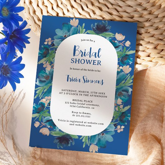 Modern Boho blauw bloemenboogschrift vrijgezellenf Kaart