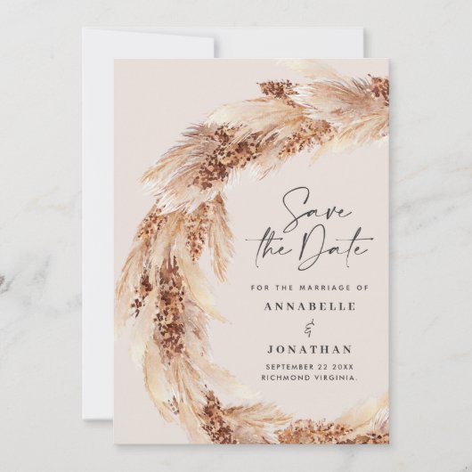 Modern boho blauwgroen pampas bruiloft redt datum kaart (Voorkant)