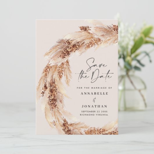 Modern boho blauwgroen pampas bruiloft redt datum kaart (Staand voorkant)