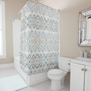 Modern Boho Blauwgroen Perzik Bord Grijs Chevron P Douchegordijn