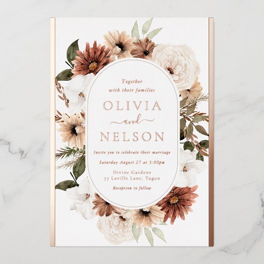 Modern Boho Bloemen Lijst Roos Gouden bruiloft Folie Uitnodiging (Voorkant)