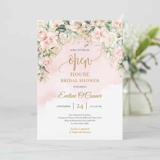 Modern Boho blos bloemengoud glitter Open Huis Kaart (Staand voorkant)