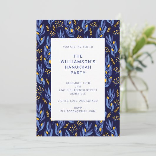 Modern Boho Blue en Yellow Hanukkah Party Kaart (Staand voorkant)