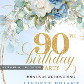 Modern Boho Blue Floral Gold 90th Birthday Invite Kaart