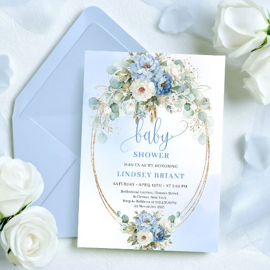 Modern Boho Blue Floral Gold Baby Shower Invite Kaart