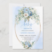 Modern Boho Blue Floral Gold Baby Shower Invite Kaart (Voorkant)