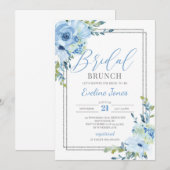 Modern Boho blue floral Silver lijst Bridal brunch Kaart (Voorkant / Achterkant)
