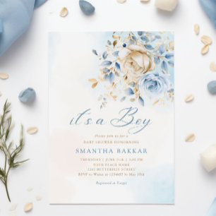 Modern Boho Blue Waterverf Floral Boy Baby shower Kaart