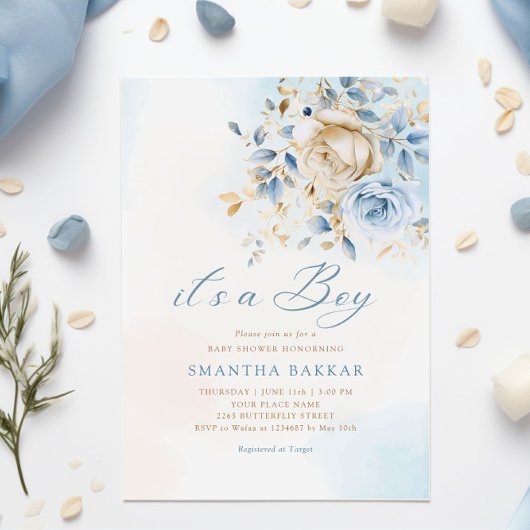 Modern Boho Blue Waterverf Floral Boy Baby shower Kaart