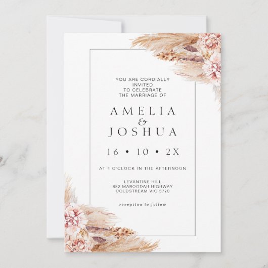 Modern Boho Blush Floral Pampas Grass Wedding Kaart (Voorkant)