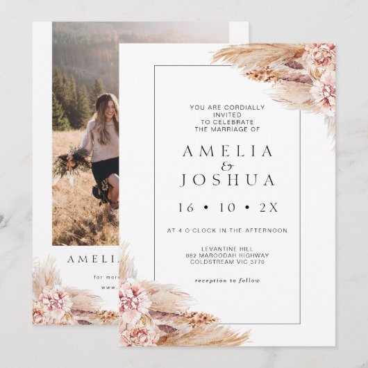 Modern Boho Blush Floral Pampas Grass Wedding Kaart (Voorkant / Achterkant)