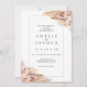 Modern Boho Blush Floral Pampas Grass Wedding Kaart
