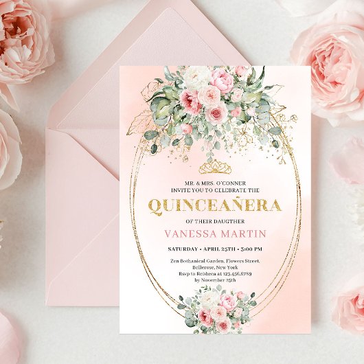 Modern Boho Blush Floral Quinceañera Invitation Kaart