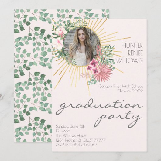 Modern Boho Blush Pink Floral Foto Afstuderen Kaart (Voorkant / Achterkant)