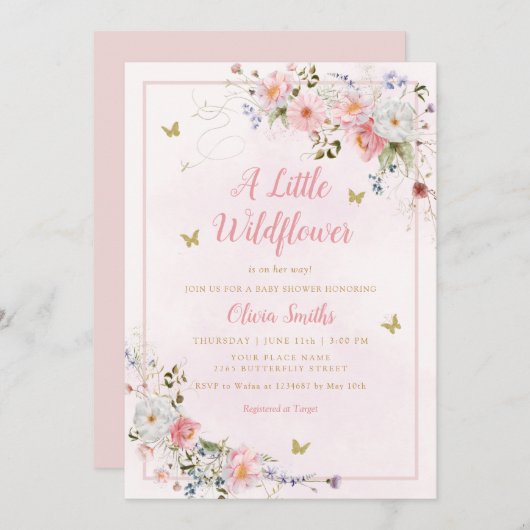 Modern Boho Blush Pink Wildflower Girl Baby shower Kaart (Voorkant / Achterkant)