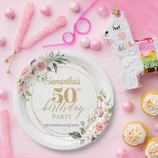 Modern Boho blush roze bloemengoud 50ste verjaarda Papieren Bordje (Feest)