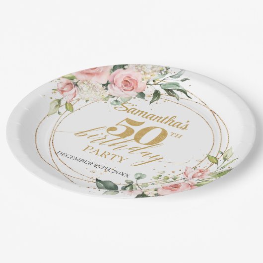 Modern Boho blush roze bloemengoud 50ste verjaarda Papieren Bordje (Gekanteld)