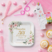 Modern Boho blush roze bloemengoud 50ste verjaarda Papieren Bordje (Feest)