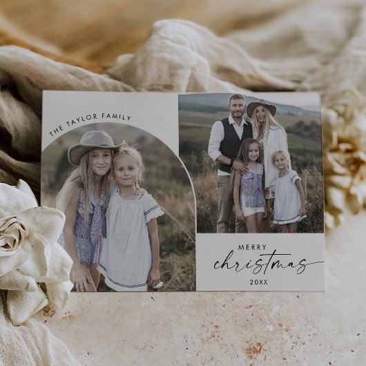 Modern Boho Boog 2 Familie Foto Prettig Kerstfeest Feestdagenkaart