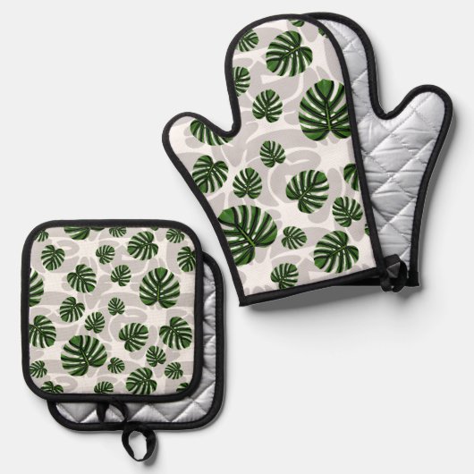 Modern Boho Botanical Leaves Pattern Ovenwant & Pannenlap Set (Voorkant / Achterkant)