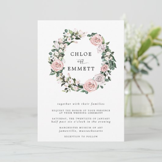 Modern Boho Botanical Roos Floral Wreath Wedding Kaart (Staand voorkant)