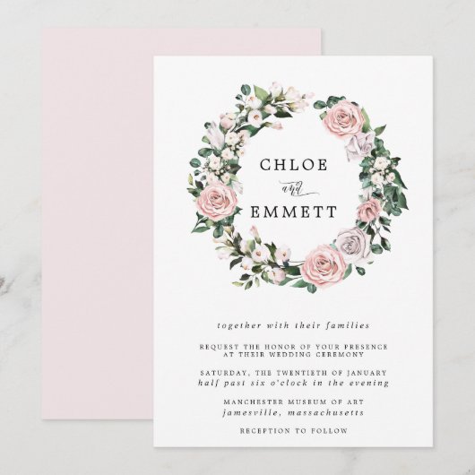 Modern Boho Botanical Roos Floral Wreath Wedding Kaart (Voorkant / Achterkant)