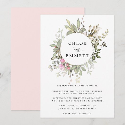 Modern Boho Botanical Wreath Wedding Kaart (Voorkant / Achterkant)