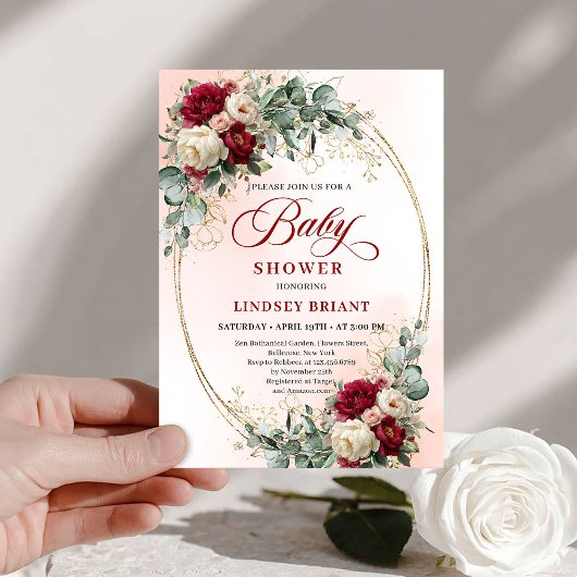 Modern Boho Burgundy and Gold Baby Shower Invite Kaart