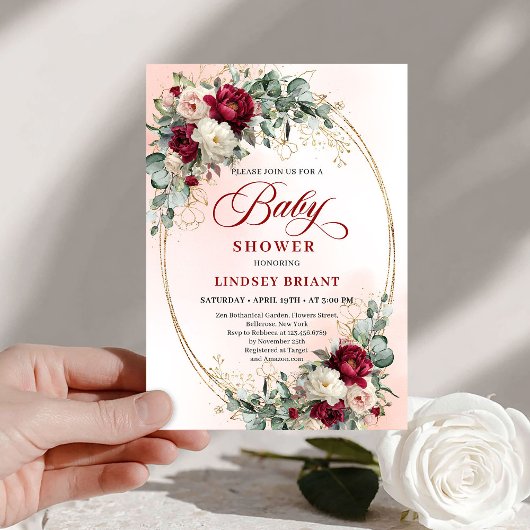 Modern Boho Burgundy and Gold Baby Shower Invite Kaart