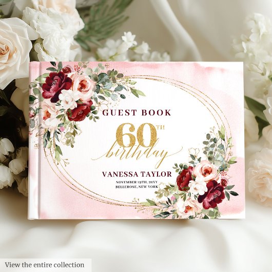 Modern Boho Burgundy Blush Floral 60th Birthday Gastenboek