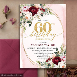 Modern Boho Burgundy Blush Floral 60th Birthday Kaart